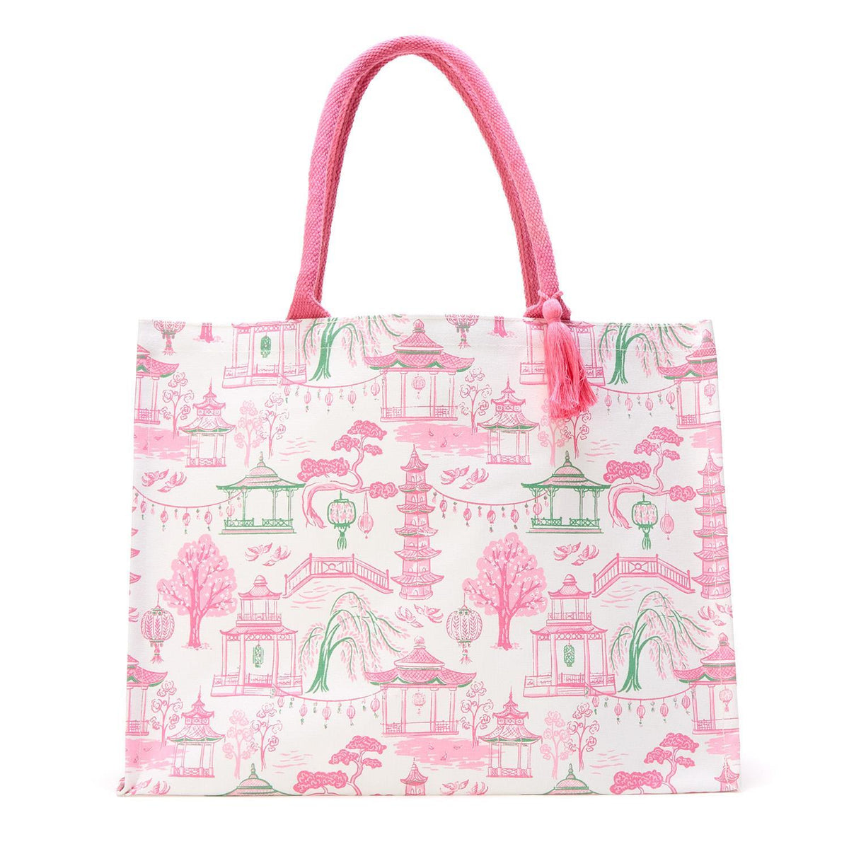 Mahjong block print tote bag featuring a traditional tile motif on natural fabric with sturdy handles.