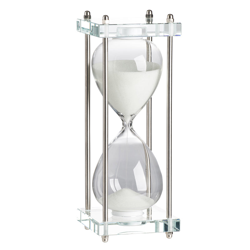 Clear acrylic and glass hourglass with a minimalist silhouette.