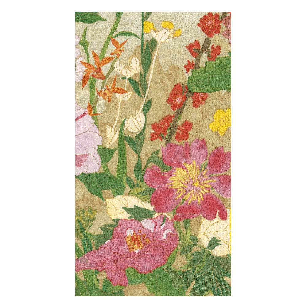 Triple-ply paper guest towel with water-soluble printed pattern in nontoxic ink.