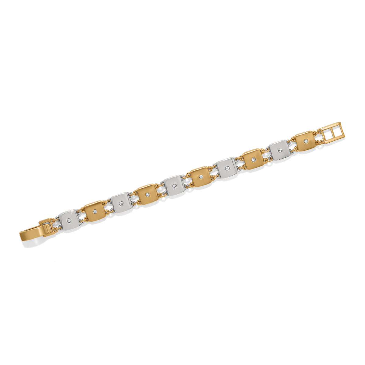 Meridian Etage two-tone bracelet with alternating silver and gold square links and crystal accents.