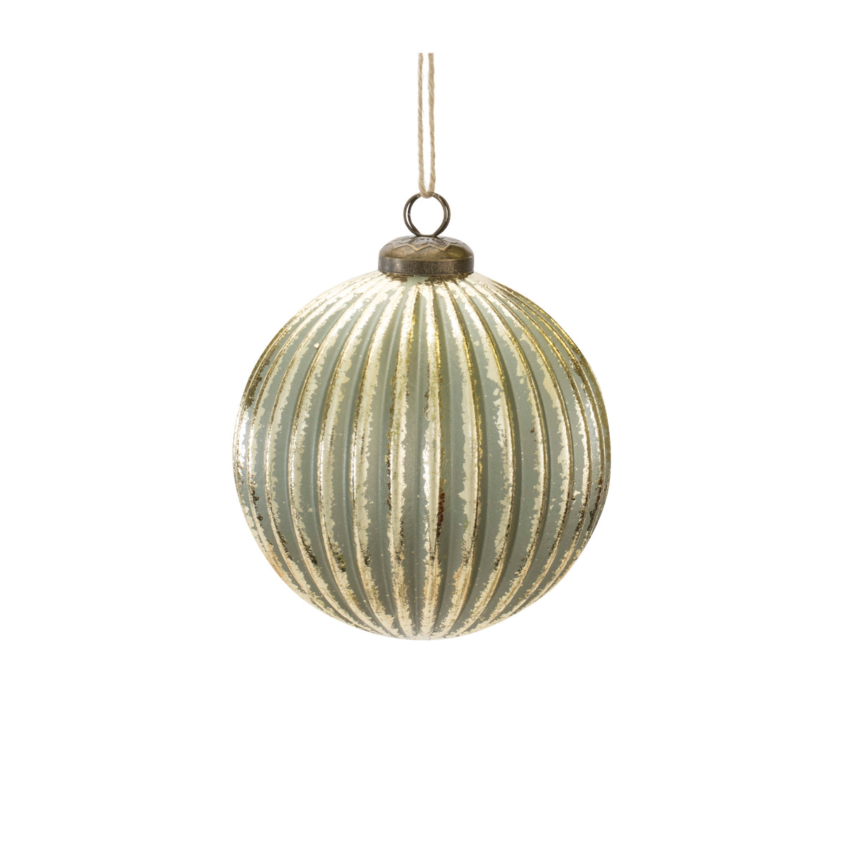 Vintage-inspired sage green ribbed glass ball ornament with gold distressed finish.