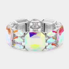 Silver tone stretch bracelet with iridescent aurora borealis rectangle and marquise stones.