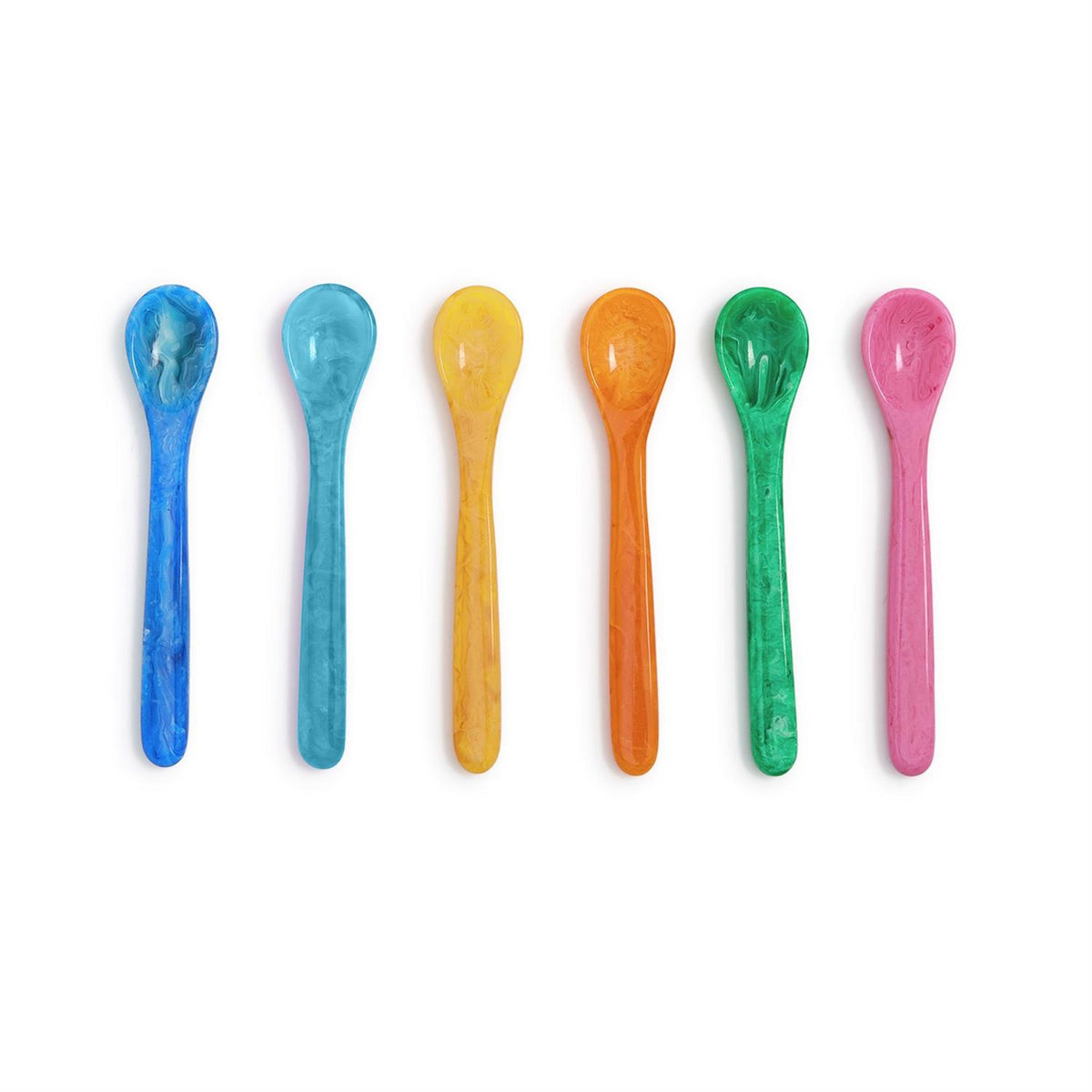 Six colorful resin spoons in blue, light blue, yellow, orange, green, and pink with marbled patterns.