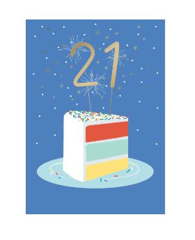 White greeting card with '21 on a Cake' text featuring a cake silhouette and birthday message.