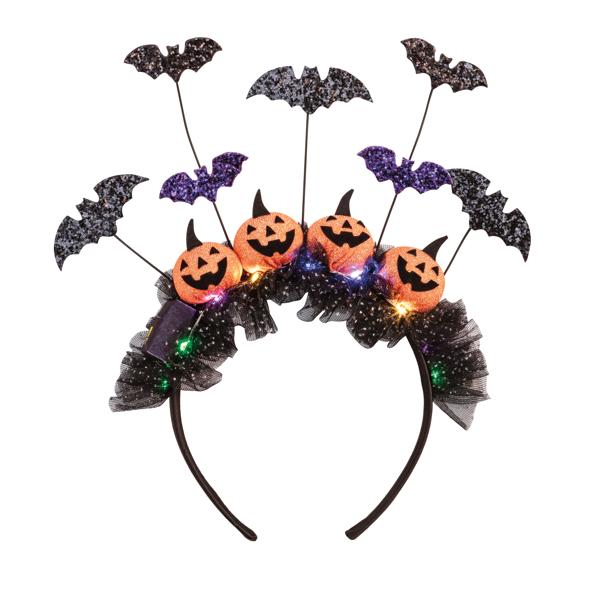 Halloween headband with glitter felt, tulle trim, LED lights, and batteries included.