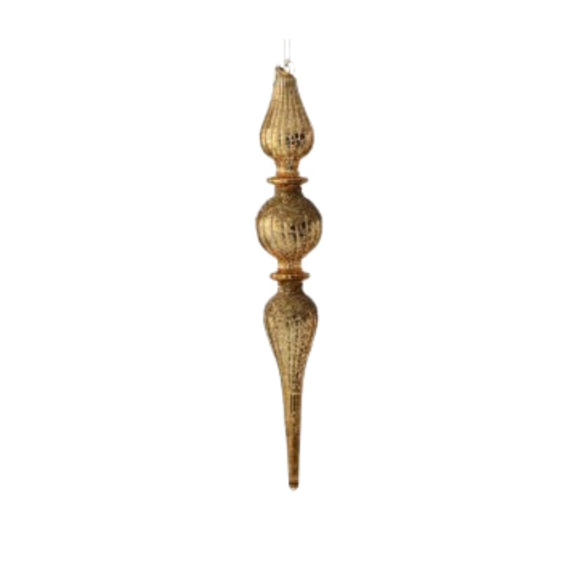 11-inch gold mercury glass finial ornament with glitter accents and a vintage ribbed design.