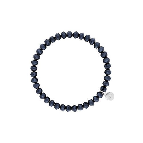 Stretchy bracelet with faceted glass beads in a colorful beaded pattern.