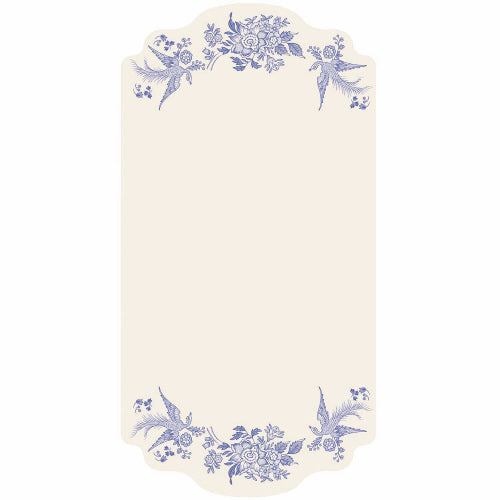 Blue Asiatic Pheasants table card featuring a blue bird pattern on recycled paper.