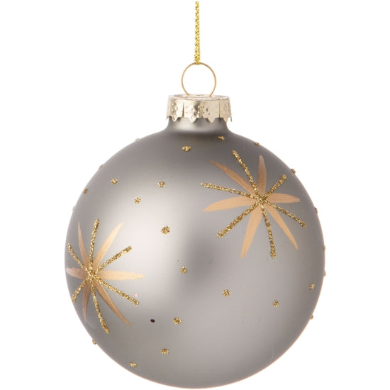 Matte silver glass ball ornament with gold glitter star inside