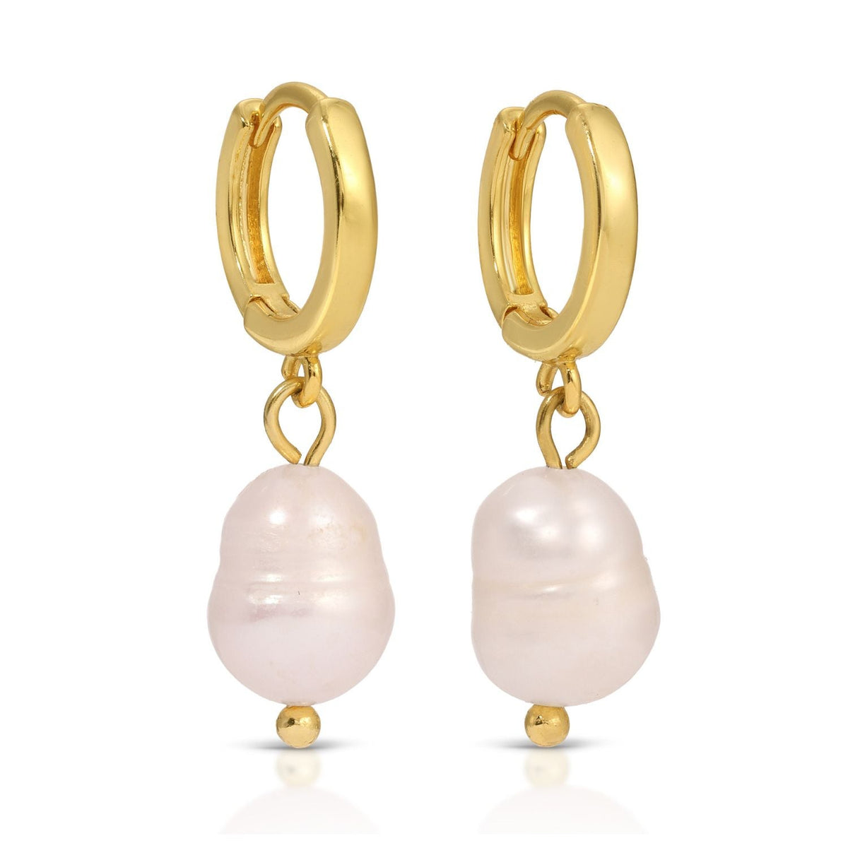 Small 18k gold plated huggie hoop earrings with dangling white freshwater pearls.