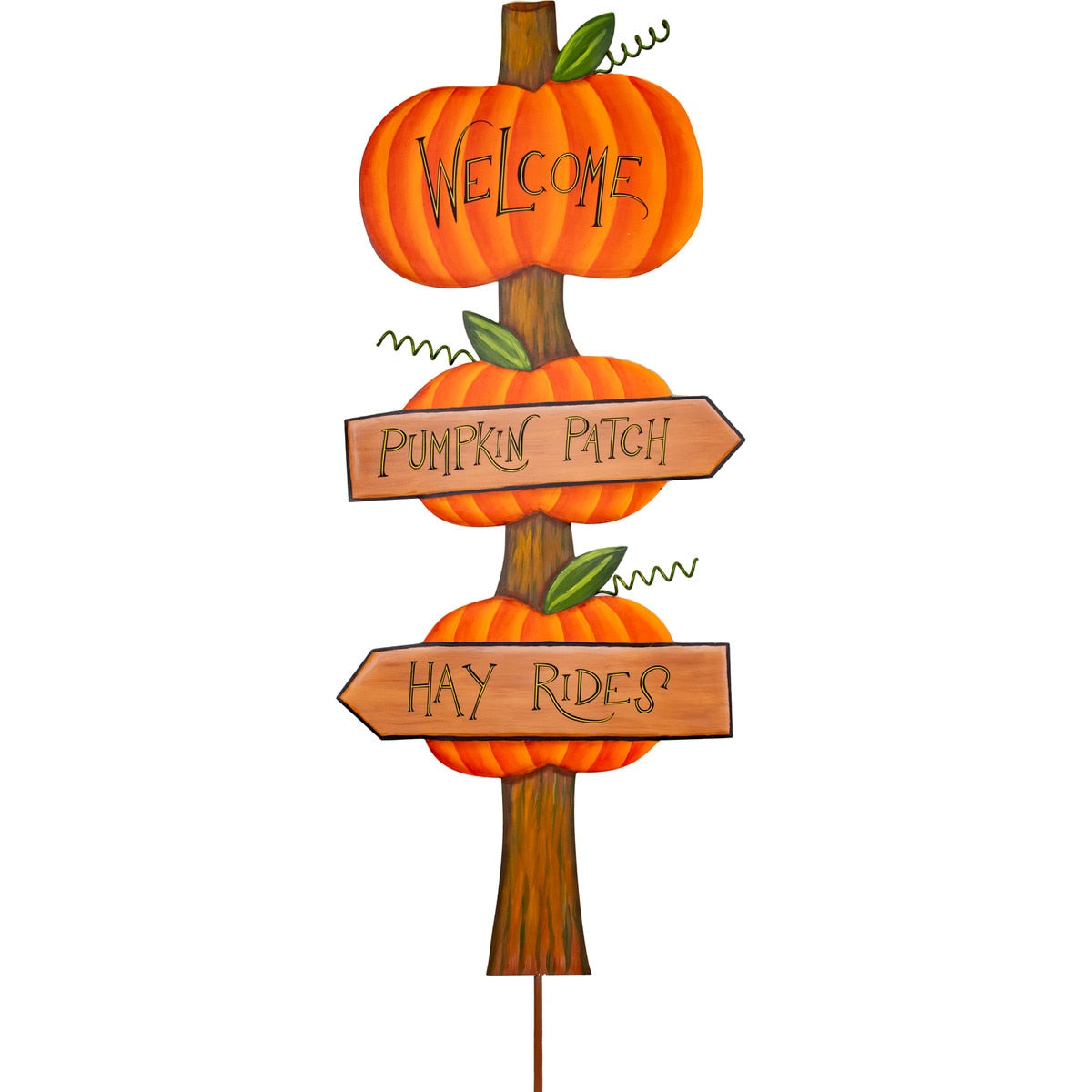 Metal garden stake featuring three pumpkins on a post with Welcome, Pumpkin Patch, and Hay Rides.