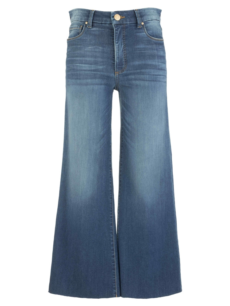 Meg high-rise wide leg jeans in a medium wash with subtle fading and a raw hem.