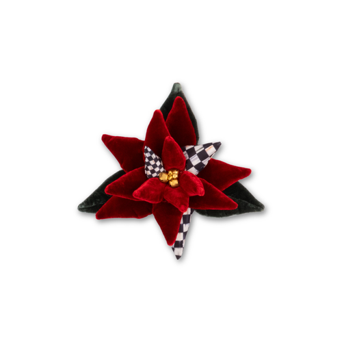 Red velvet poinsettia with black and white checkered petals and gold center beads.