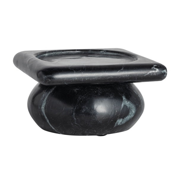 Black marble pillar candle holder with a square top and rounded pedestal base.