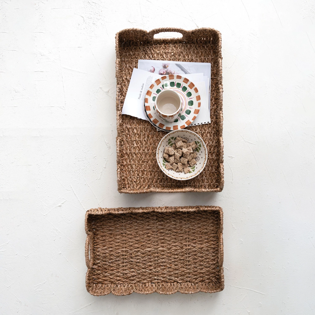 Decorative Braided Bankuan Trays w/ Handles & Scalloped Edge - Sold Individually
