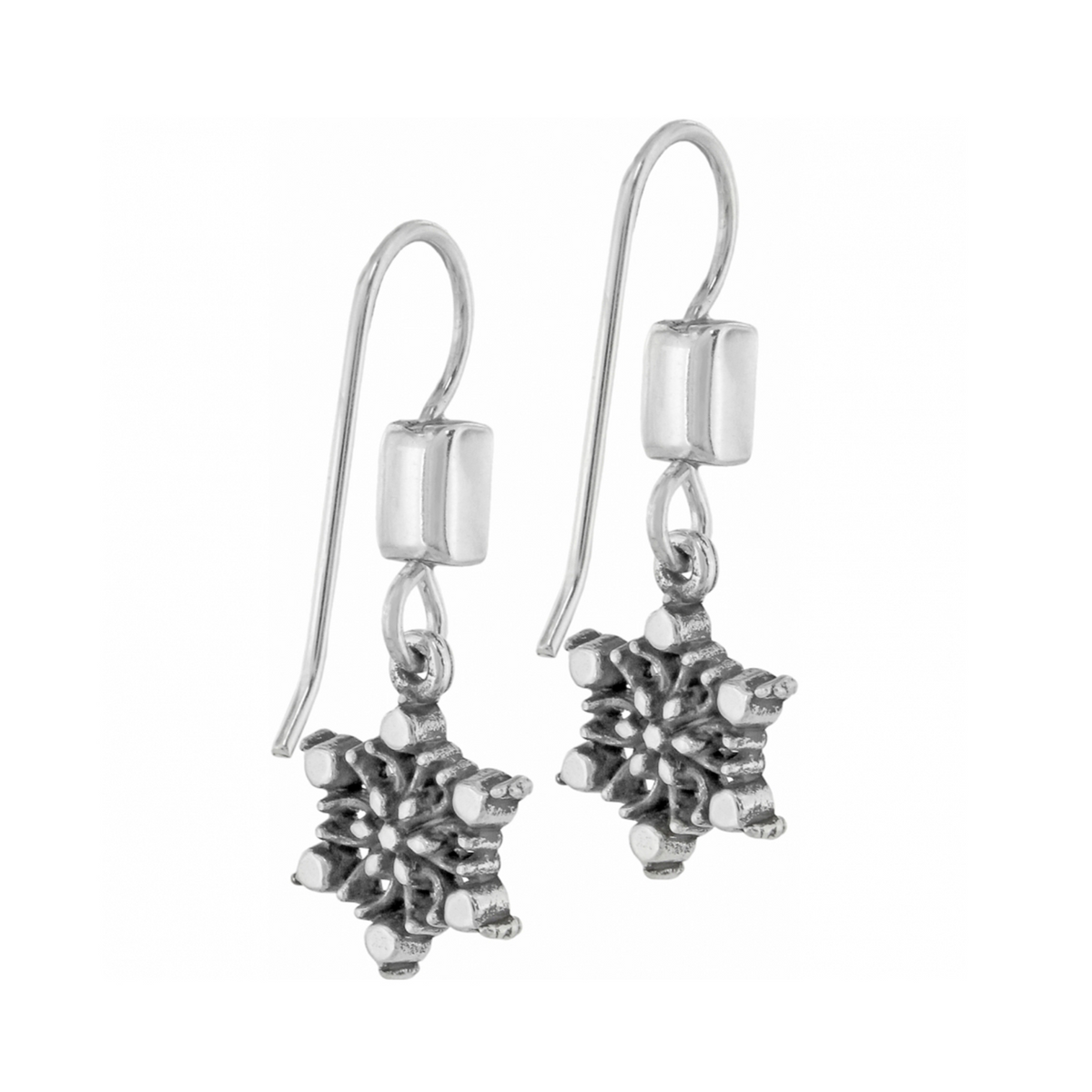 Arctica silver plated French wire earrings featuring detailed snowflake charms.
