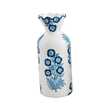 Hand-stamped stoneware bud vase with hand-painted wavy rim in block print pattern.