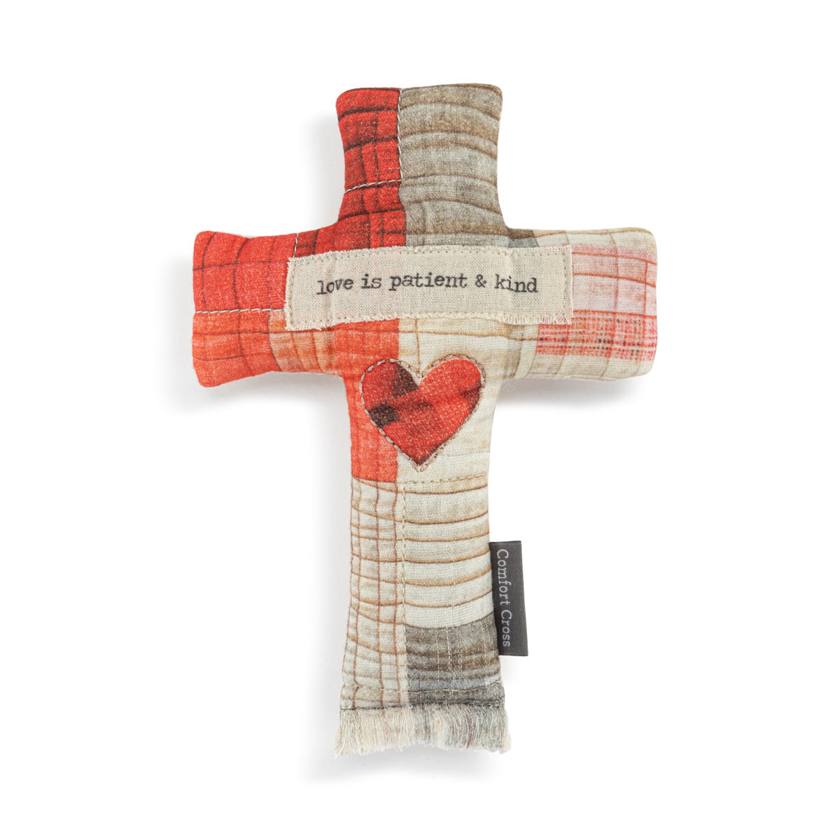 Comfort Cross: a beige cotton cross-shaped pillow with polyester fiberfill stuffing and bead detailing.