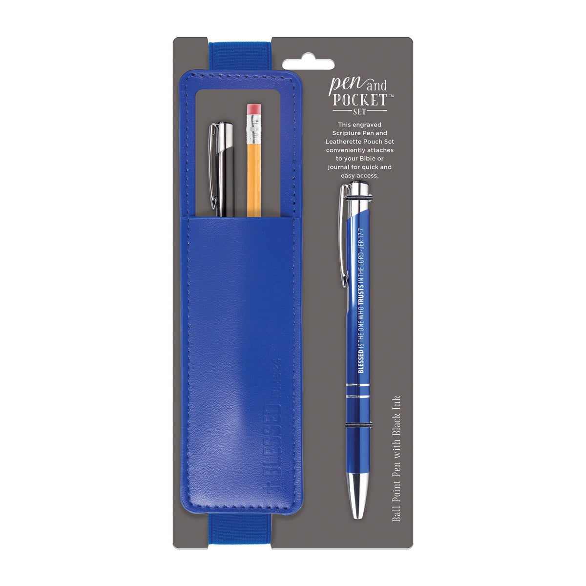 Blue leatherette pen pouch with elastic band and a matching blue metal ballpoint pen.