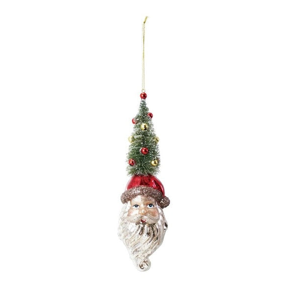 Mercury glass Santa head ornament with a glittery red hat and a bottle brush tree on top.