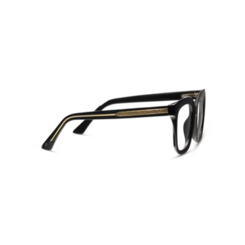 Side view of Fanfare Progressives black square glasses with gold glitter temple accents.