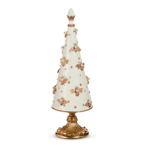 15.5-inch white cone tree on a gold pedestal base, embellished with gold bees and pearls.