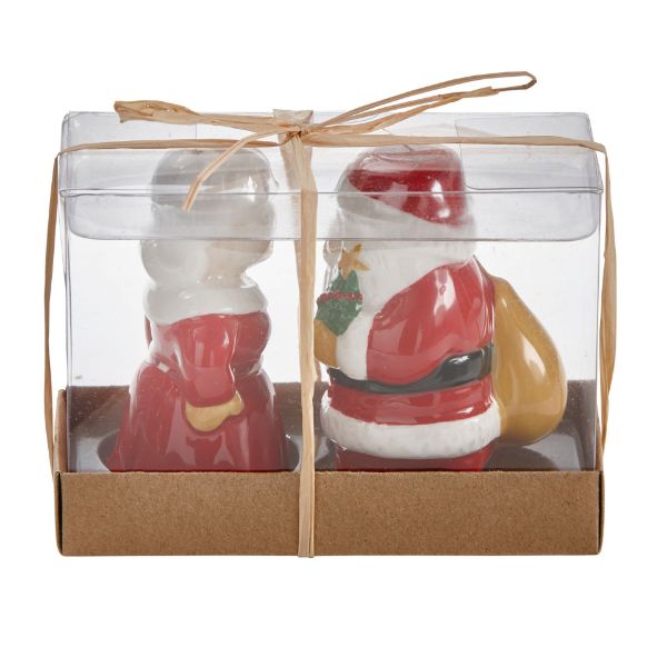 Kissing Claus earthenware salt shaker with a red Santa face silhouette.