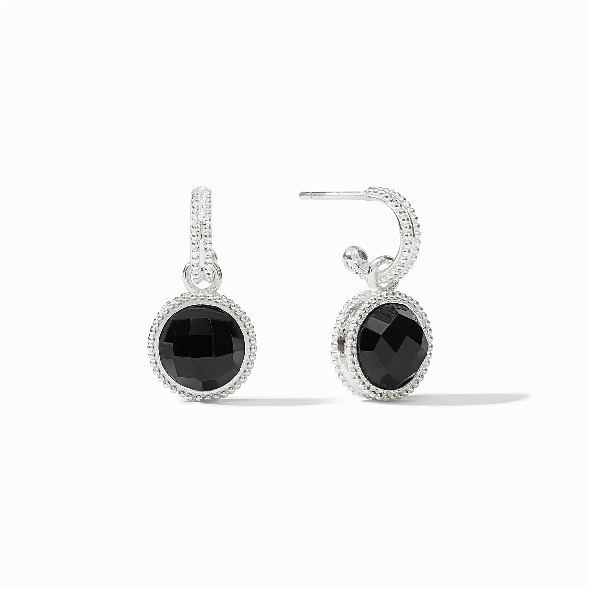 Fleur-de-Lis silver hoop earrings featuring round faceted black glass charms with beaded edges.