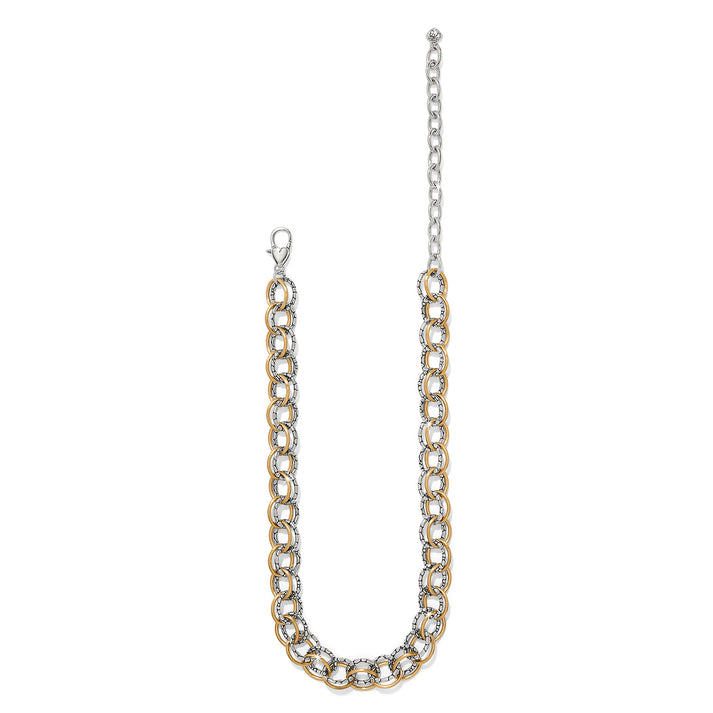 Pebble Link Two Tone Necklace with silver and gold interlocking links and lobster claw closure.