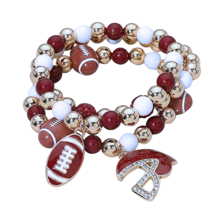 Three-piece football beaded stretch bracelet stack with maroon, white, and gold beads and charms.