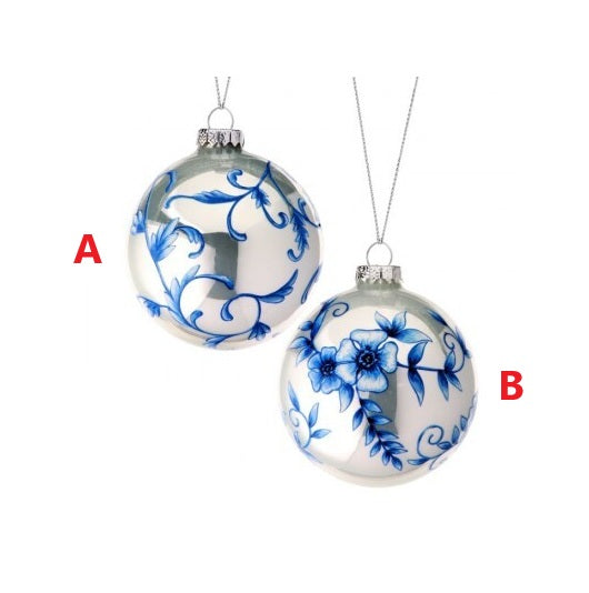 4-inch glass Bloomsbury floral ball ornament with a spherical shape.