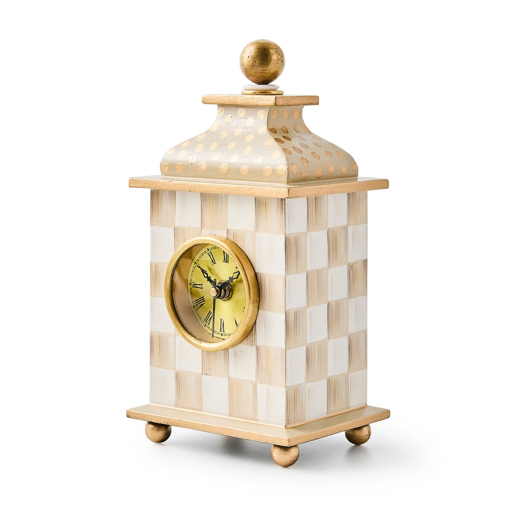 Hand-painted mocha wood desk clock with brass accents featuring a check pattern.