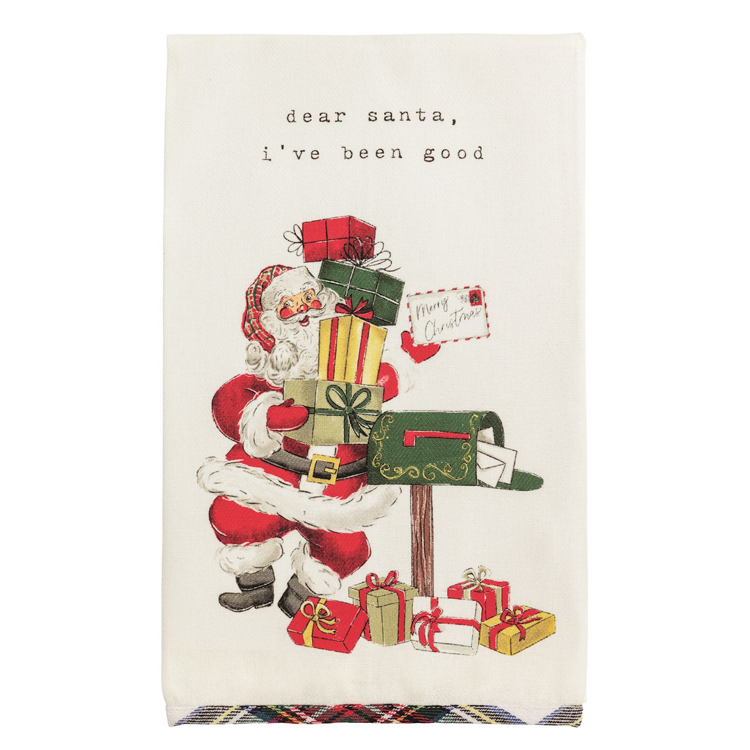 White cotton hand towel with Santa illustration, 'dear santa' text, and a tartan hem.