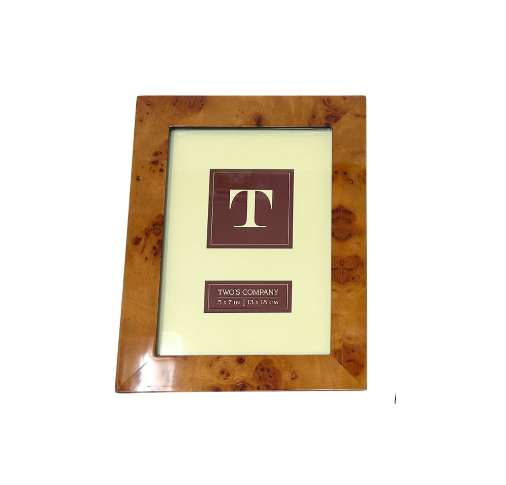 Burled wood 5x7 photo frame with a high gloss lacquered finish and a light brown wood grain pattern.