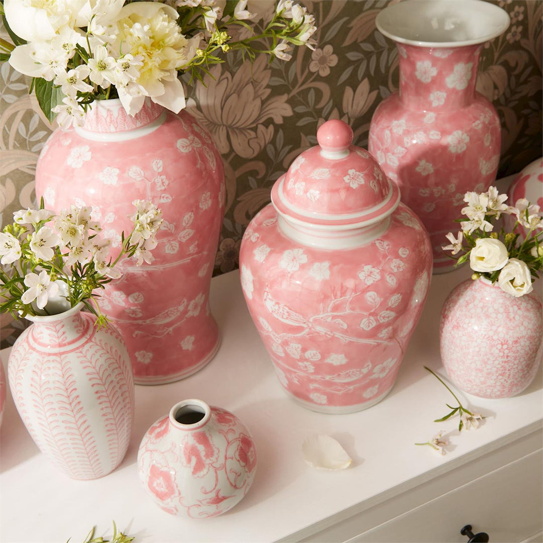 Hand-Painted Pink Chinoiserie Covered Jars - Ceramic