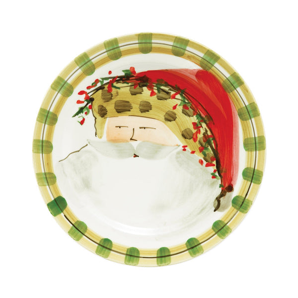 White Terra Bianca earthenware dinner plate with Old St. Nick handpainted holiday illustration