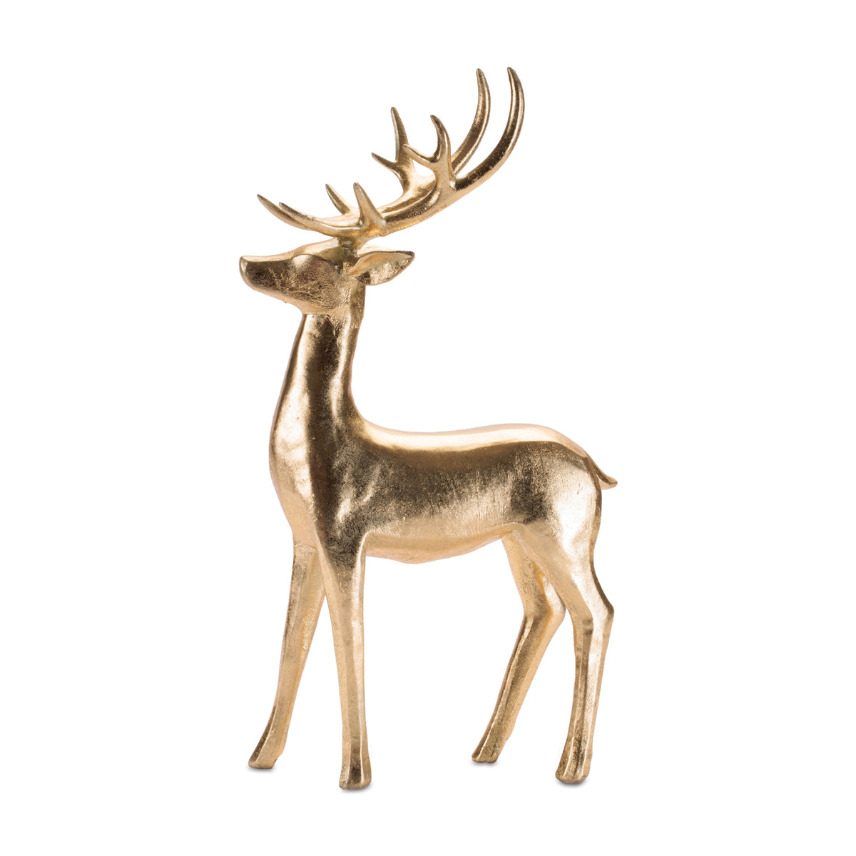 Tall deer resin sculpture standing 17.5 inches high with a natural brown finish.