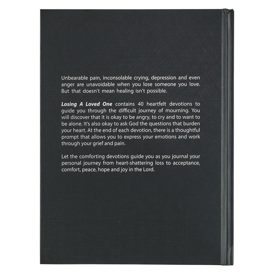Back cover of the Losing A Loved One hardcover devotional with white text on a black background.