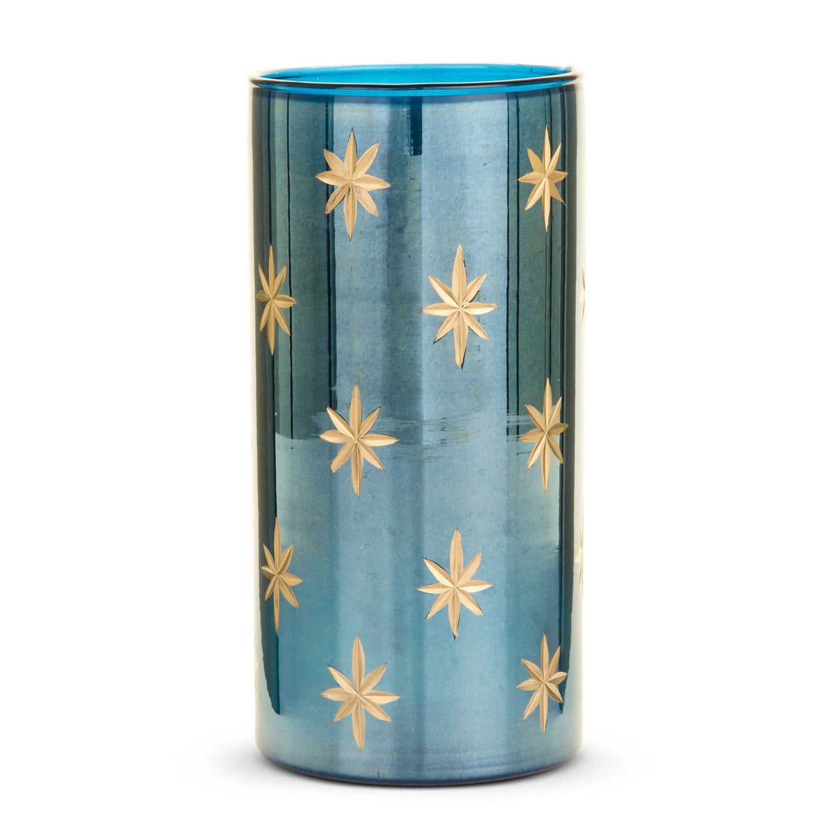Cylindrical blue glass container with etched gold star patterns.