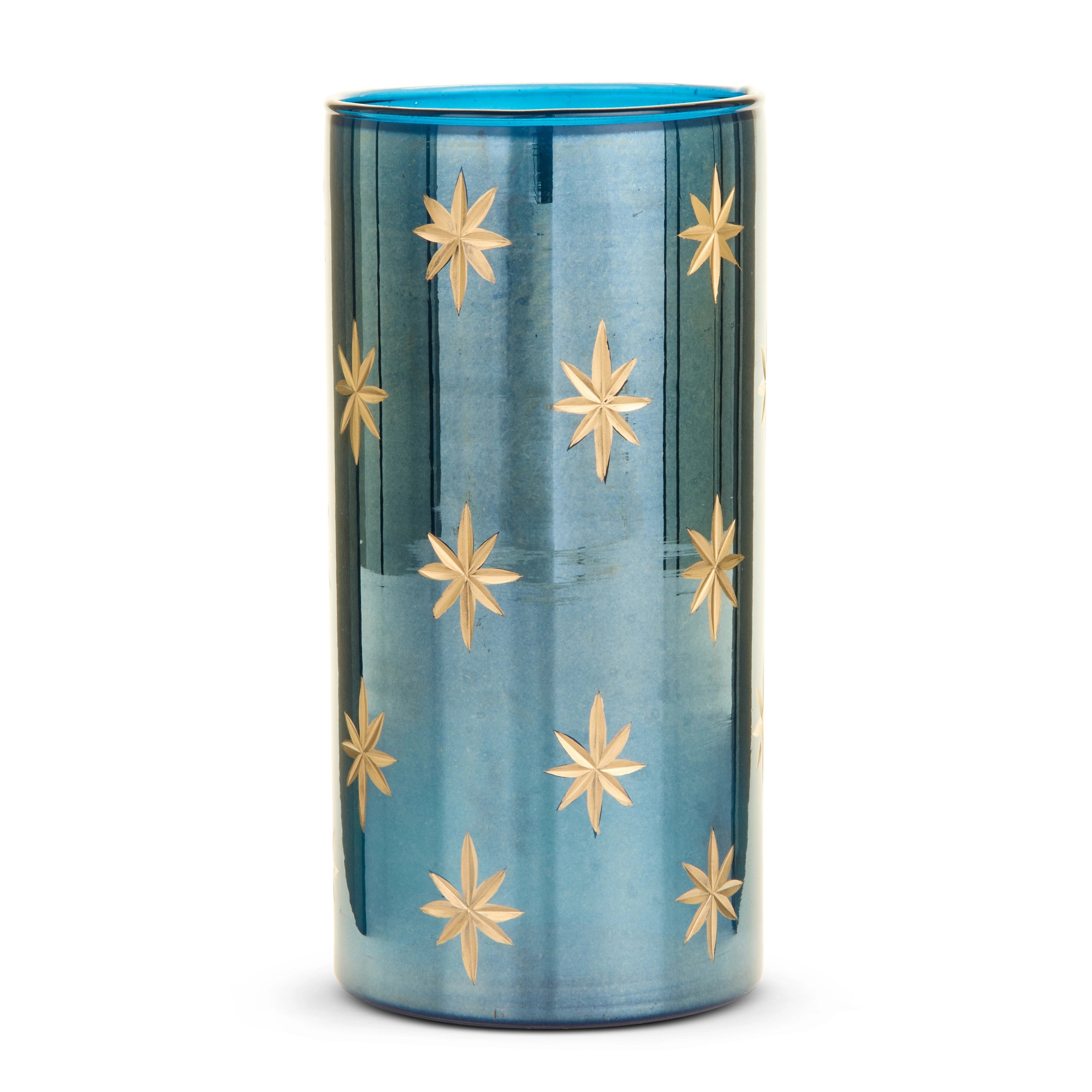 Cylindrical blue glass container with etched gold star patterns.