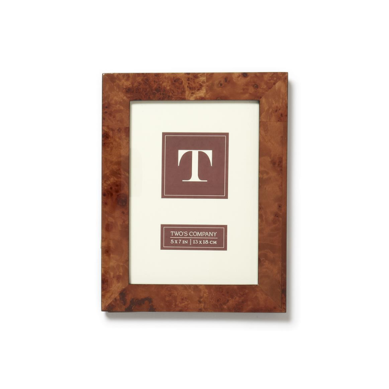 Burled wood 5x7 photo frame with a glossy brown veneer and white insert.