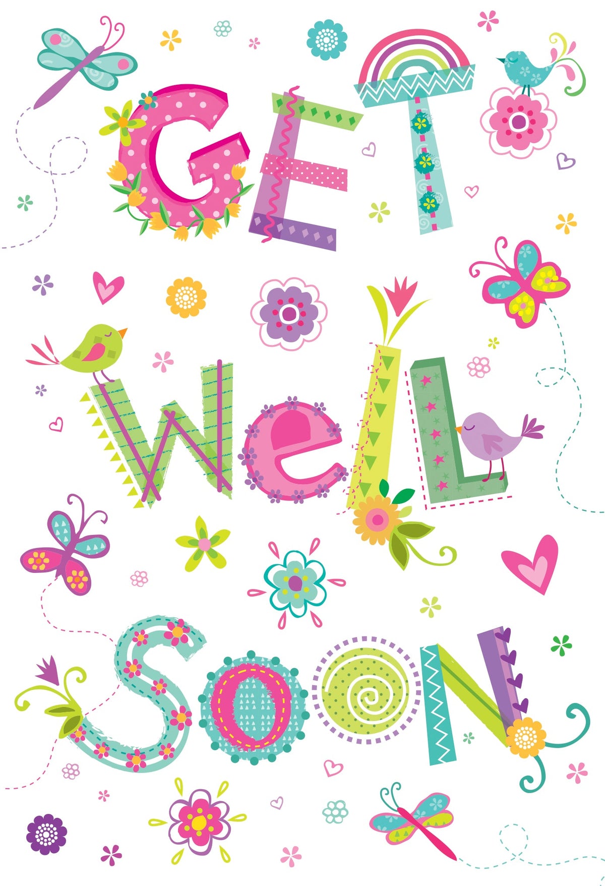 White get well soon greeting card with glitter embossed text inside.