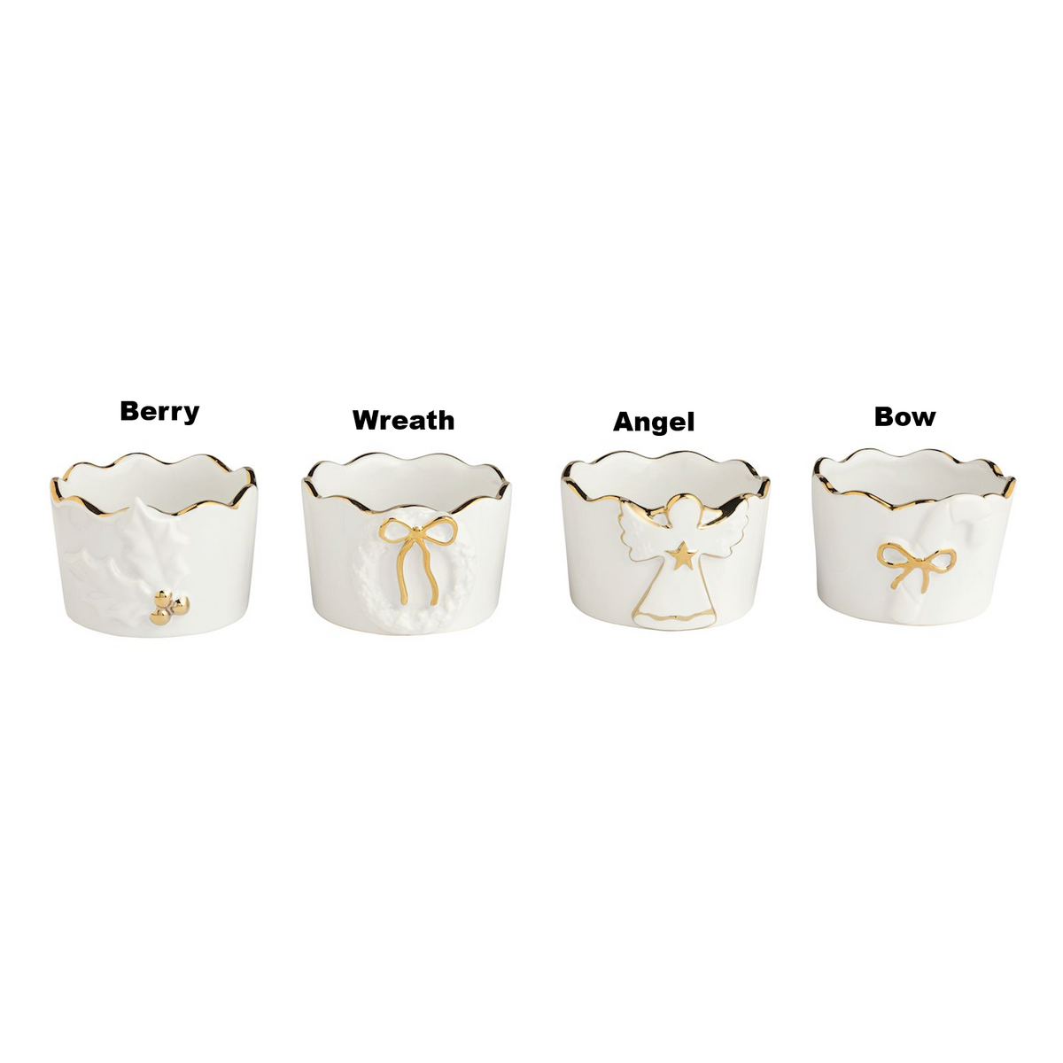 Four white stoneware tidbit dishes with gold edges and motifs: Berry, Wreath, Angel, and Bow.