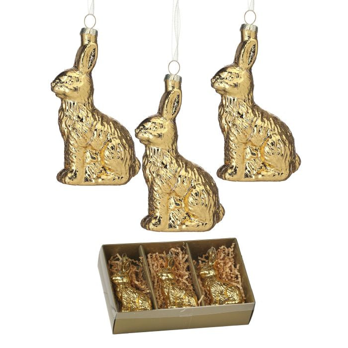 Four-inch glass foiled bunny ornament with a white body, gold foil accents on ears and tail.