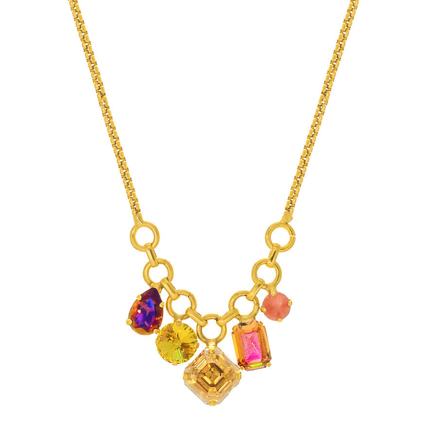 Antique gold plated brass Lorene necklace with high quality crystals on a 16-inch chain.