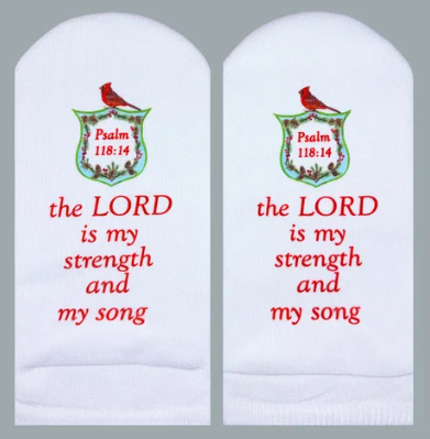 White socks featuring a cardinal crest and the text 'the LORD is my strength and my song'.