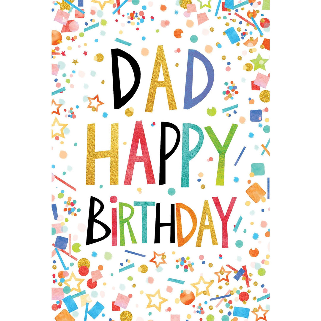 Square confetti frame with glitter embossing; outside reads 'Occasion - BD Father', inside says 'Dad Happy Birthday' and 'Wishing you a birthday that outshines all the rest!'