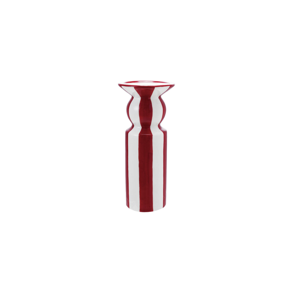 Hand-painted red and white striped ceramic taper candle holder with a flared top and base.