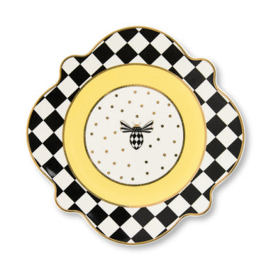 Handmade porcelain Bee Toile salad plate featuring a blue floral pattern on an off-white background.
