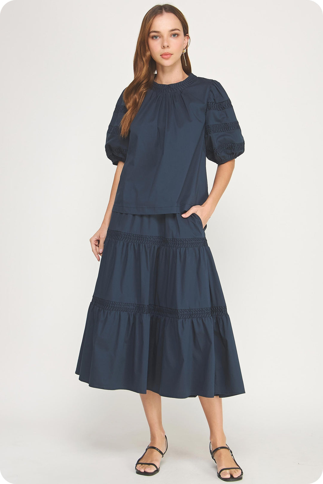Madeline Reverse Pintuck Tiered Midi Skirt